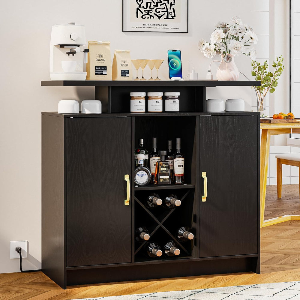 Wine Bar Cabinet with Power Outlet and LED Light for Dining Room