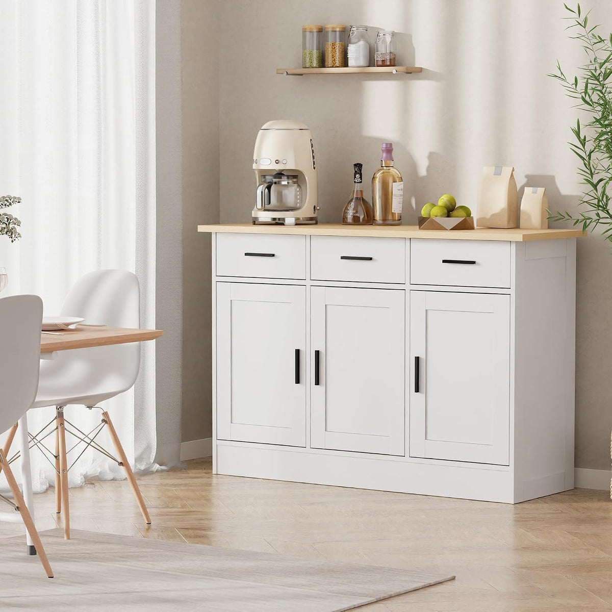 Buffet Cabinet with Storage - Buffets & Sideboards Kitchen Storage Cabinet, Wood Console Table Coffee Bar Accent Cabinets for Living Room Dining Room Entryway Large 3 Doors & Drawers, White 47.2"W