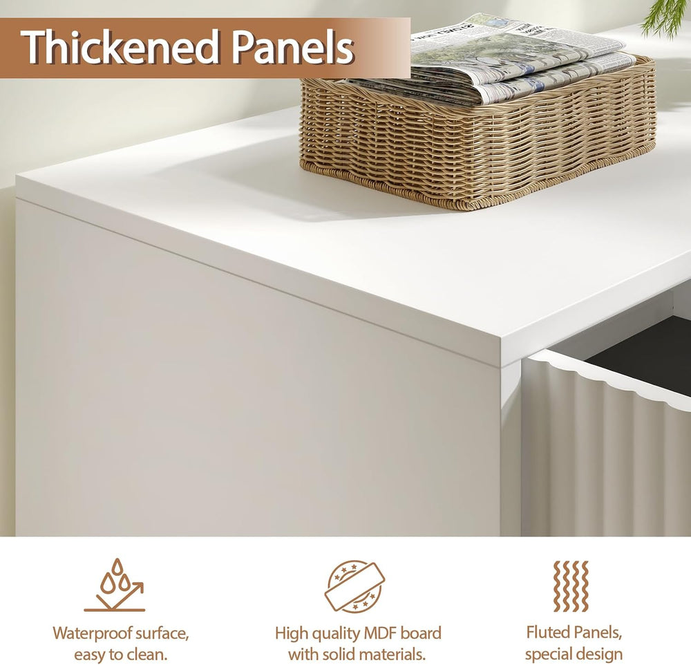 Storage Cabinet with 2 Fluted Doors and Adjustable Shelves, White丨Modern Wood...