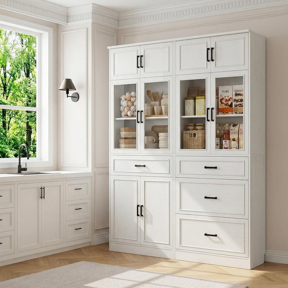 Unikito 80" Kitchen Pantry Storage Cabinet with Glass Door and 4 Drawers