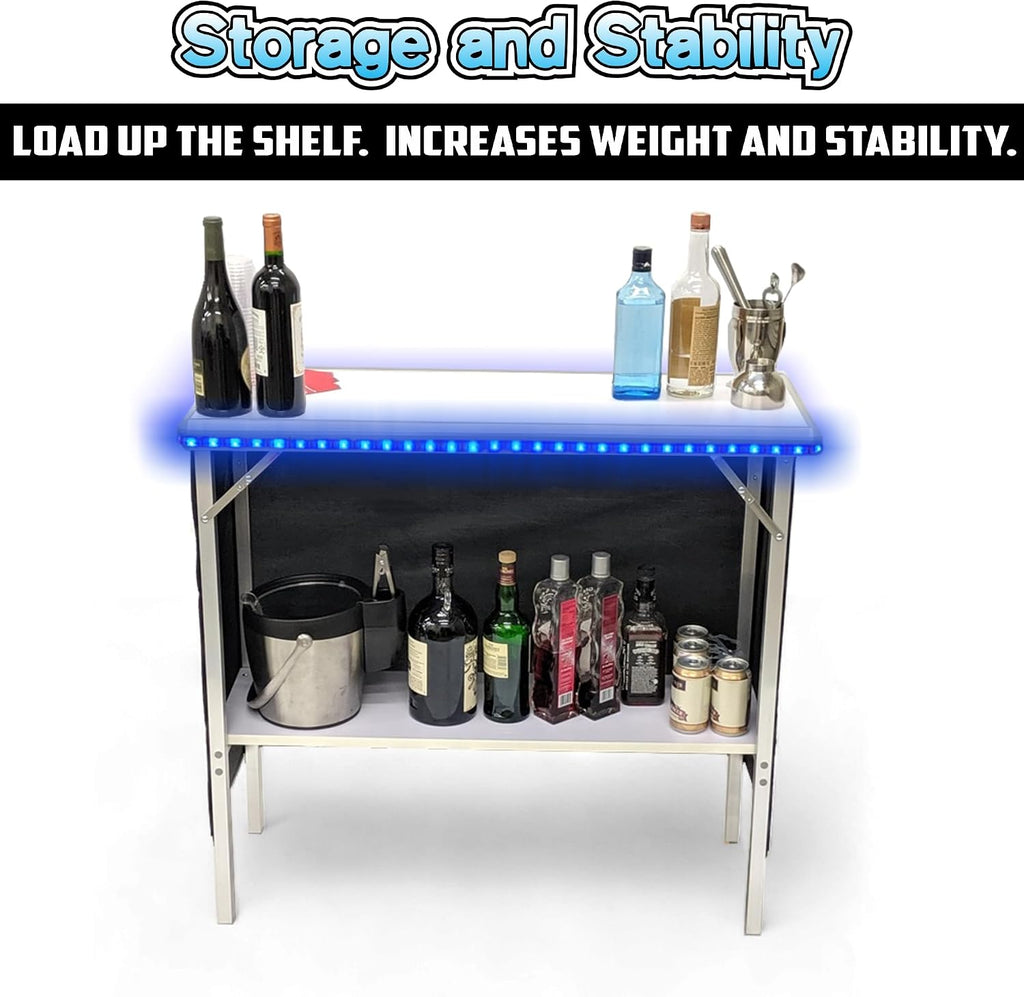 PARTYPONG Folding Portable Double Bar w/LED Lights, Wireless Remote, 2 Bar Skirts, Storage Shelf, & Carrying Case - Prism