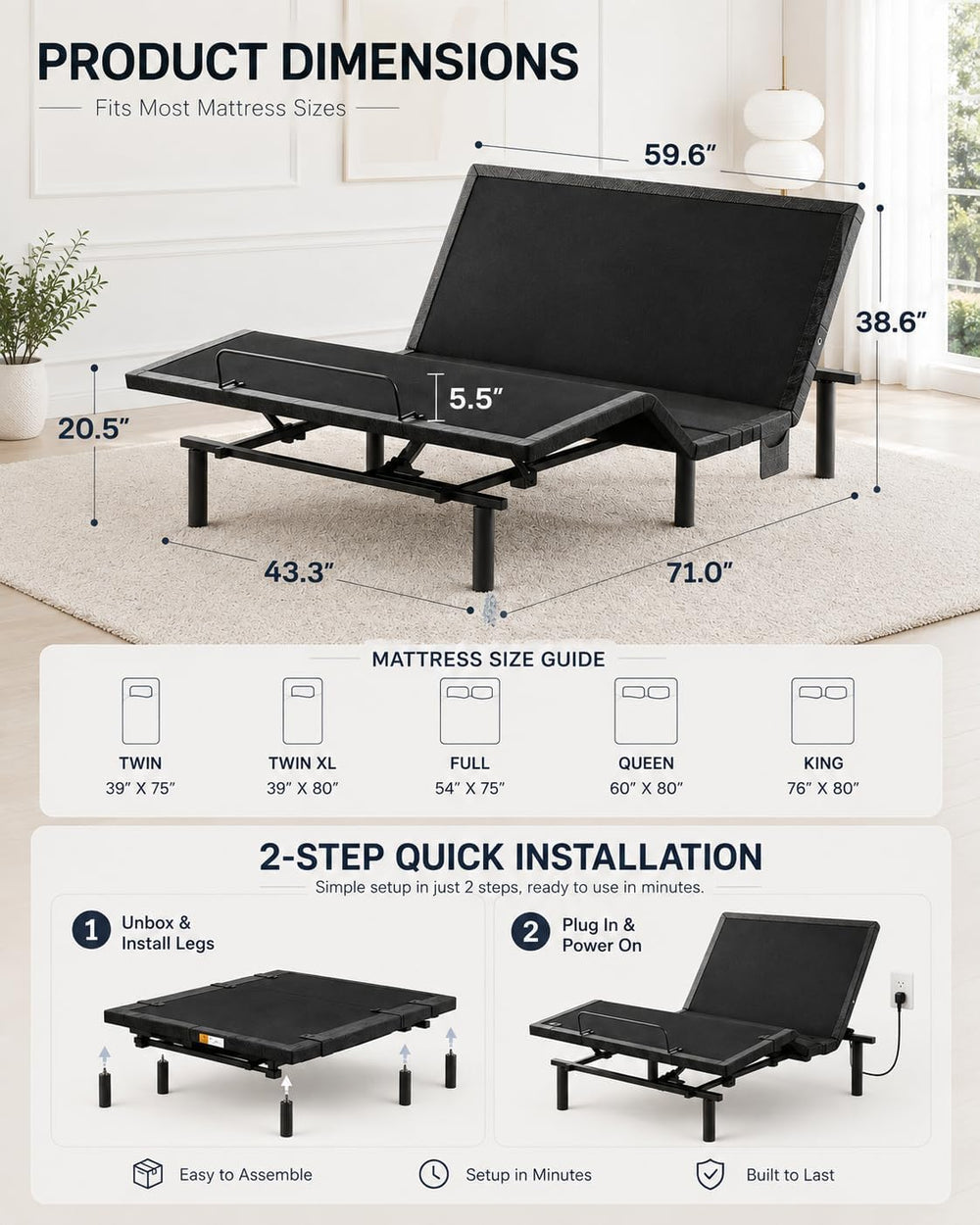 Marsail Adjustable Bed Frame Queen Electric Base, Head & Foot Incline
