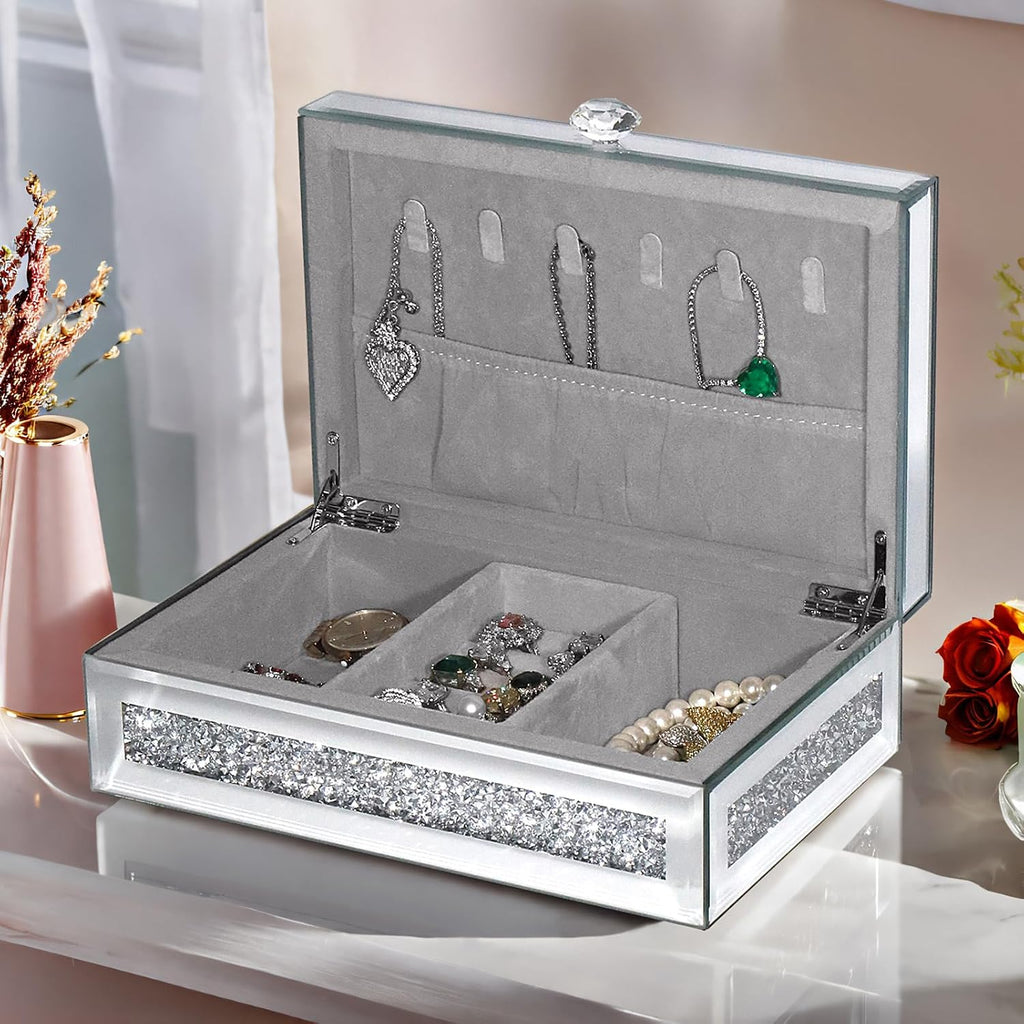 Mirrored Jewelry Box with Lid, Crushed Diamond Bling Jewelry Organizer for Women Girls, Ring Necklace Bracelet Storage Box, Gift Idea