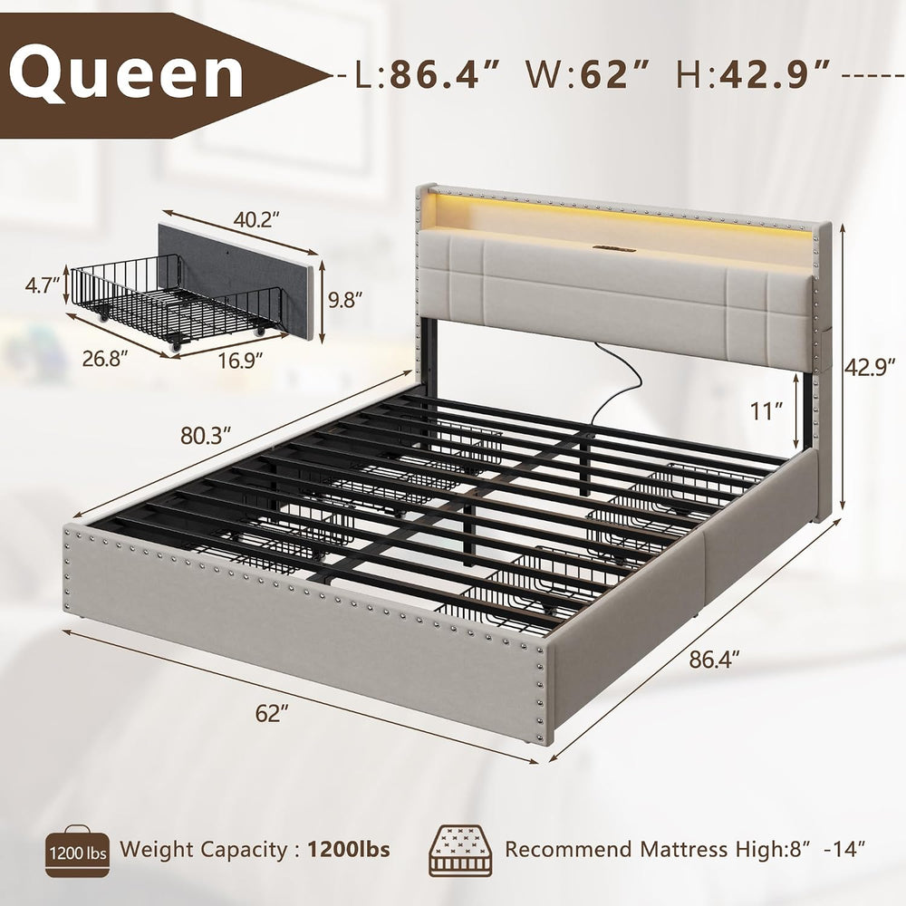 Forestell Queen Bed Frame with 4 Drawers & Storage Headboard, Beige