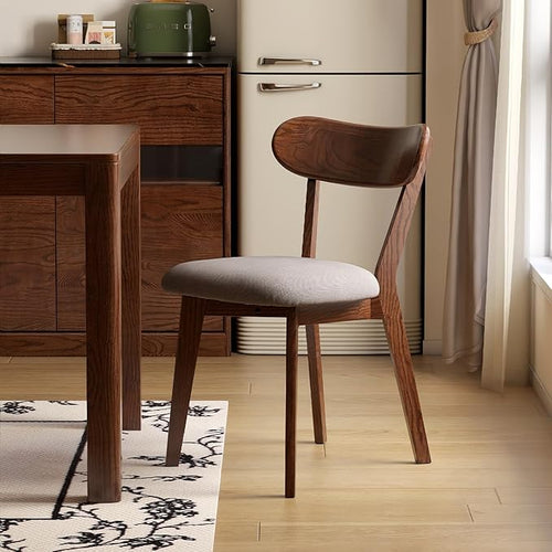 100% Solid Oak Dining Chairs, Mid Century Modern Dining Chair with Curved Backrest, Fabric Upholstered Dining Chairs for Kitchen, Study, Living Room (1, Walnut Wood-Gray Cushion)