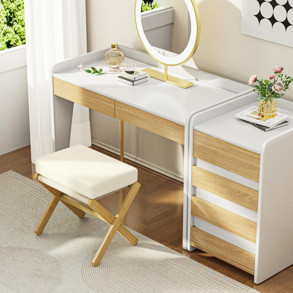 BAMBOOHOMIE Foldable Foot Stool Ottoman, Modern Foot Rest with Bamboo X Legs & Thick Foam Cushion, Folding Foot Stools Small Padded for Bedroom Living Room, Footstool for Chair Couch (Natural - Beige)