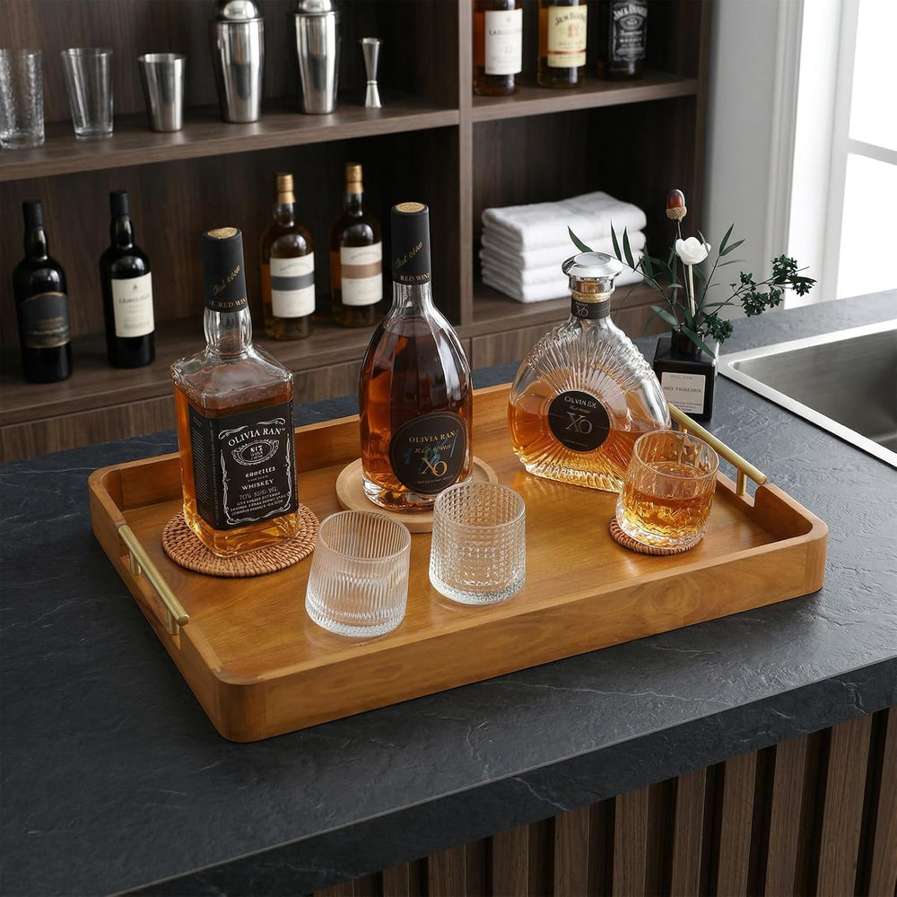 Solid Teak Wood Serving Tray with Handles, 20 x 14 Inch