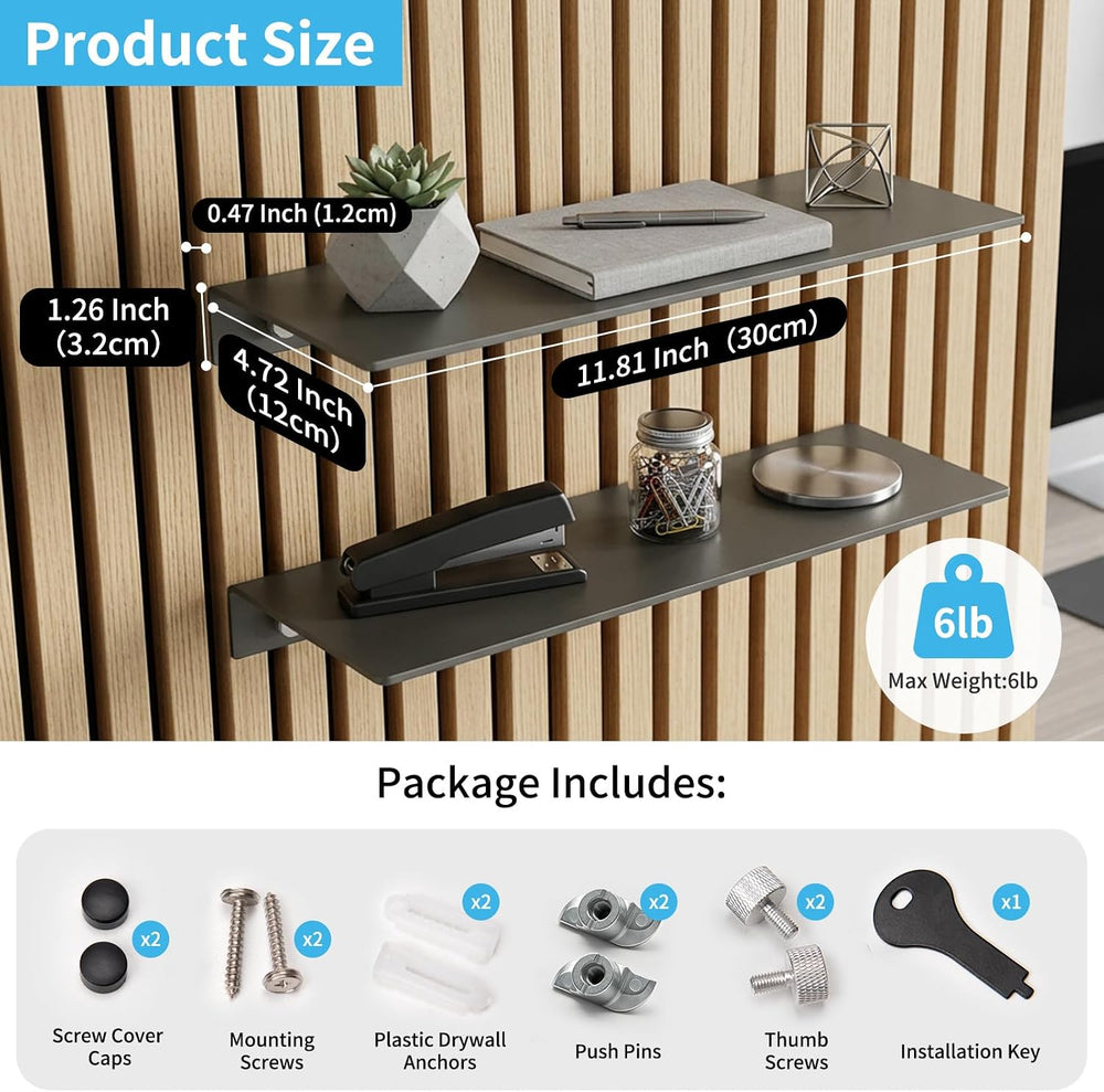 Art3d Floating Shelves for Wood Slat Panels, 11.8 x 4.7 in, 2-Pack, Grey