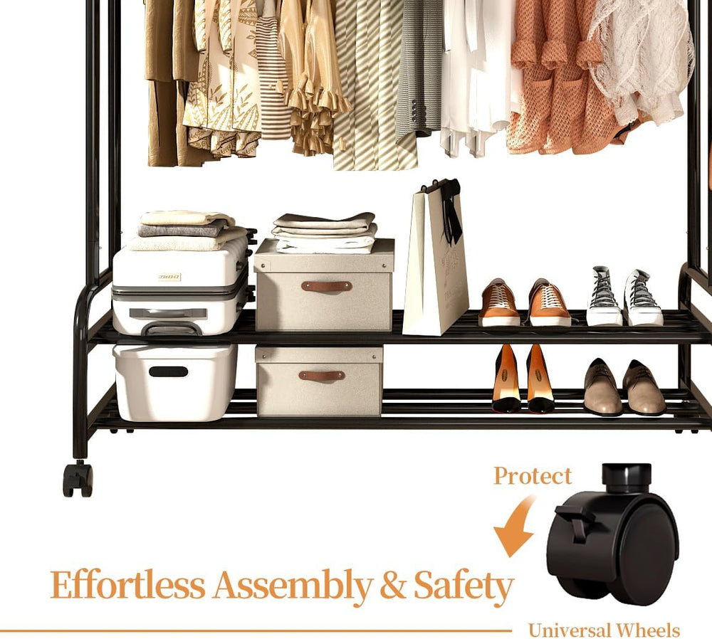 Sturdy Metal Double Rodding Clothes Rack With Wheels, Portable Clothing Rack ...