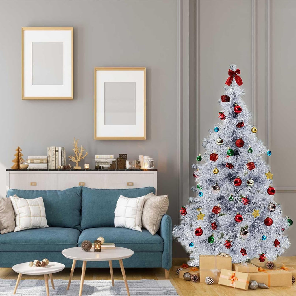 Silver Christmas Tree, 6ft Artificial Tinsel Christmas Tree for Home Decorations，550 Branch Tips Premium Hinged Holiday Xmas Tree for Halloween Decor