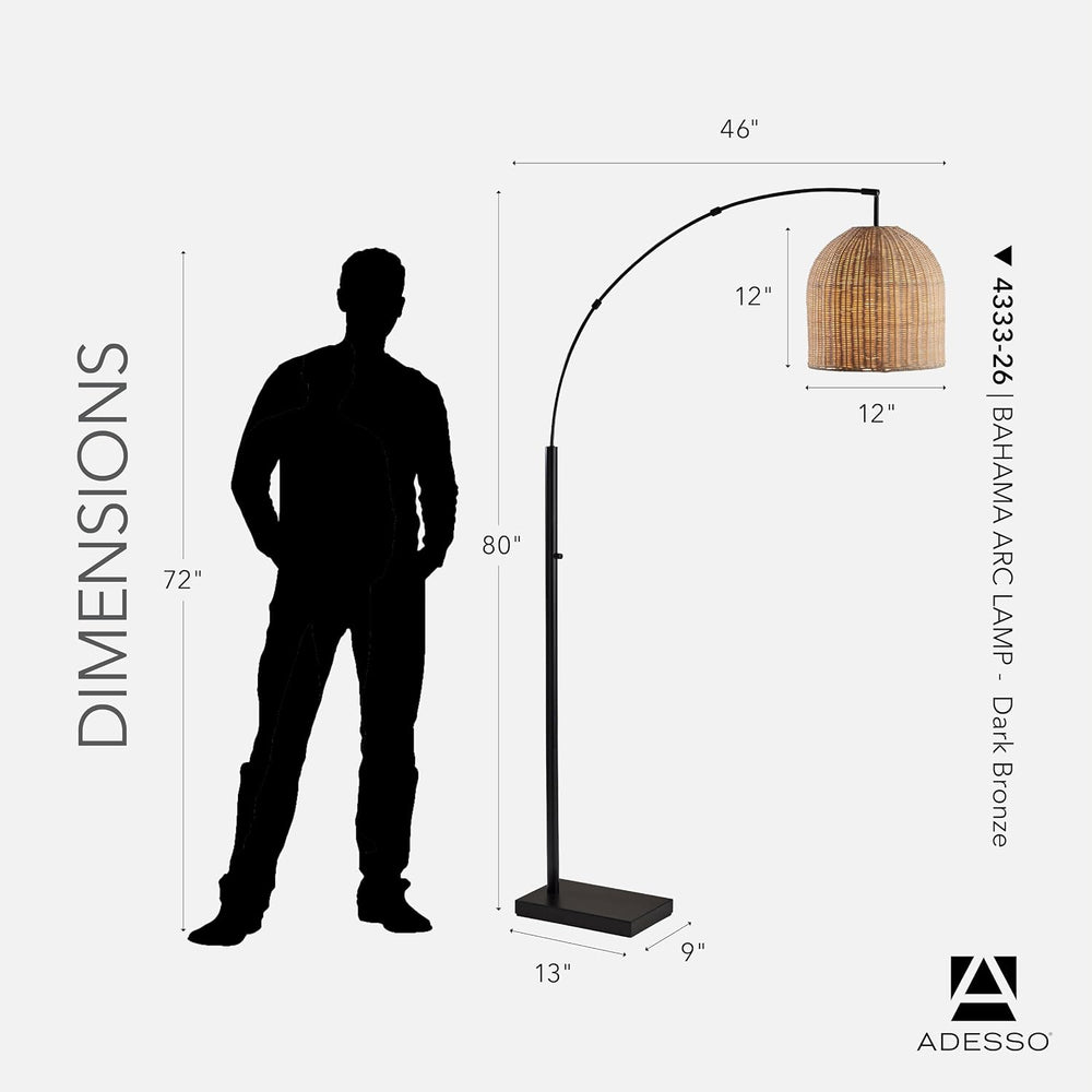 Adesso Floor Lamp, Bronze & Natural Rattan, Coastal Design, 80”