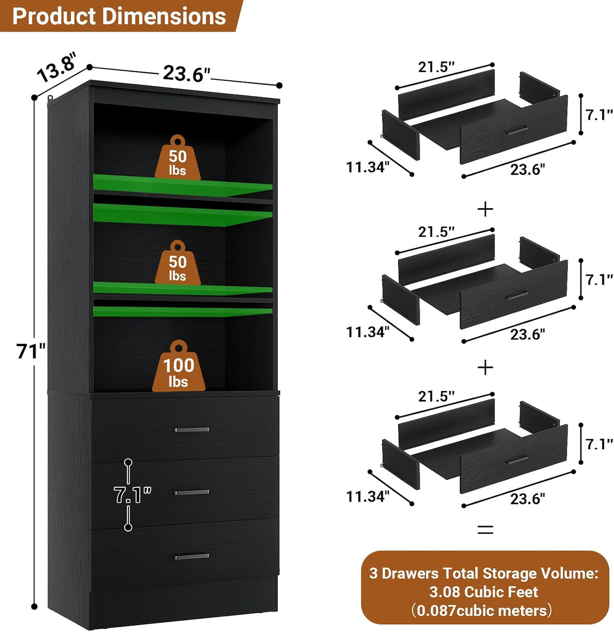 aheaplus 71-inch tall bookshelf with 3 drawers, 23.6", close-up detail