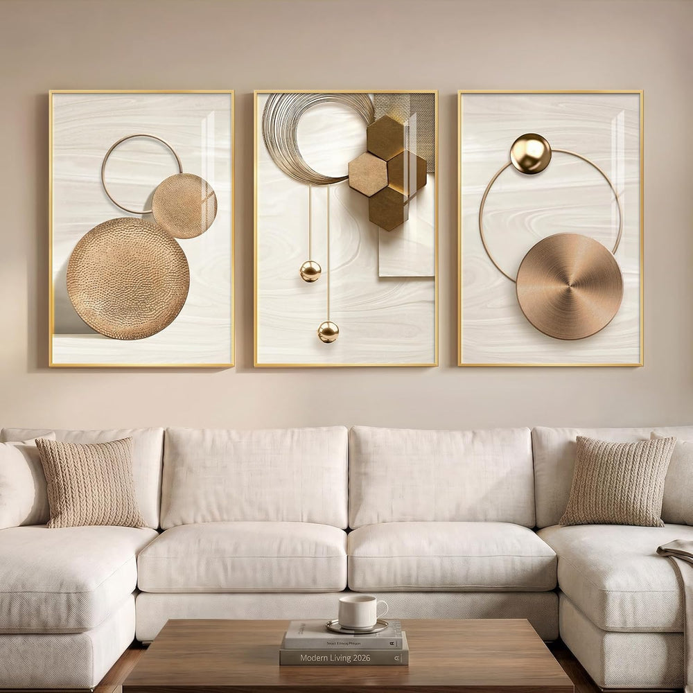 Large Framed Modern Luxury Gold Wall Art for Living Room, 3 Piece 24x36 In