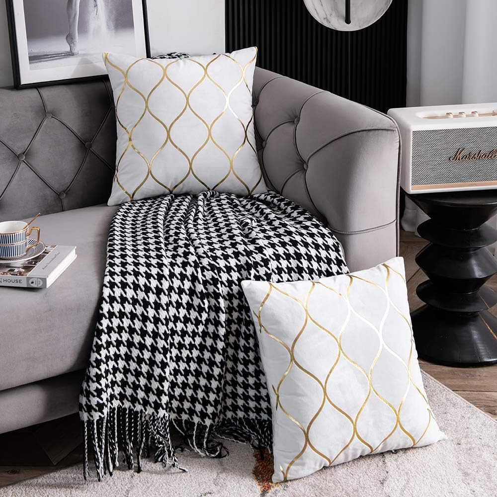 DEZENE Gold Velvet Euro Sham Pillow Covers Off White: 2 Pack 26x26 Inch Squar...