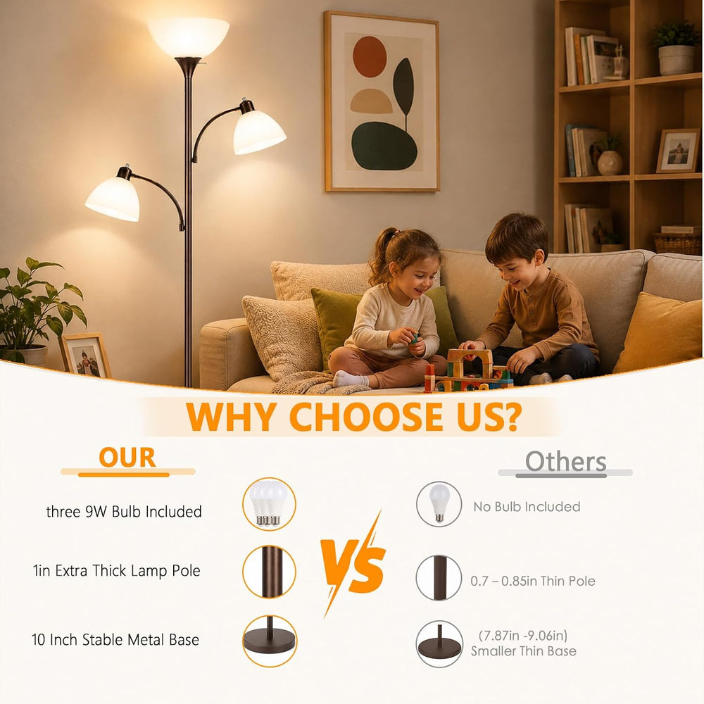 3-Head Torchiere Floor Lamps with 2 Reading Lamp for Living Room-Brown