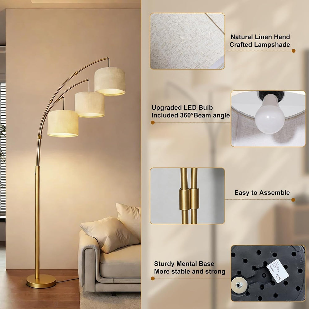 3-Light Dimmable Arc Floor Lamp, LED Tall Standing Lamp with Remote