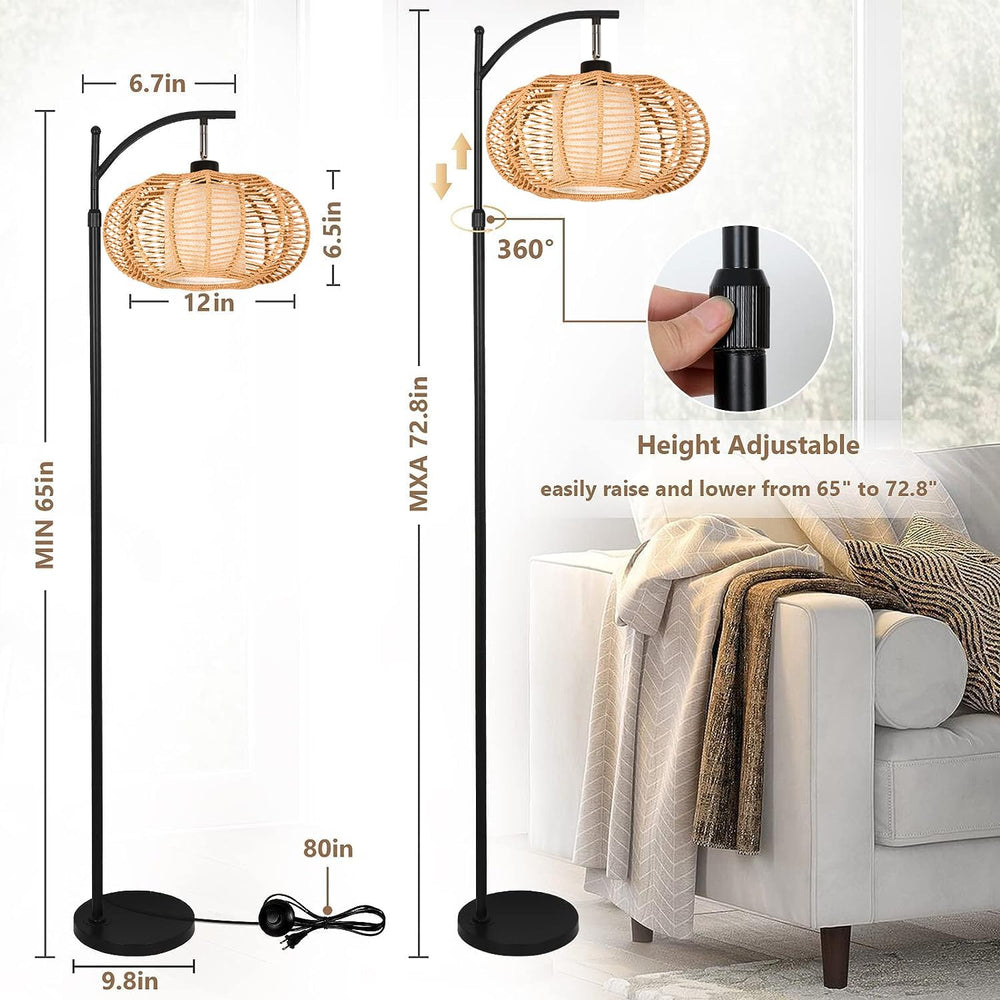 ZECOXOL Arc Floor Lamps for Living Room Bedroom Rattan Boho Floor Lamp with R...