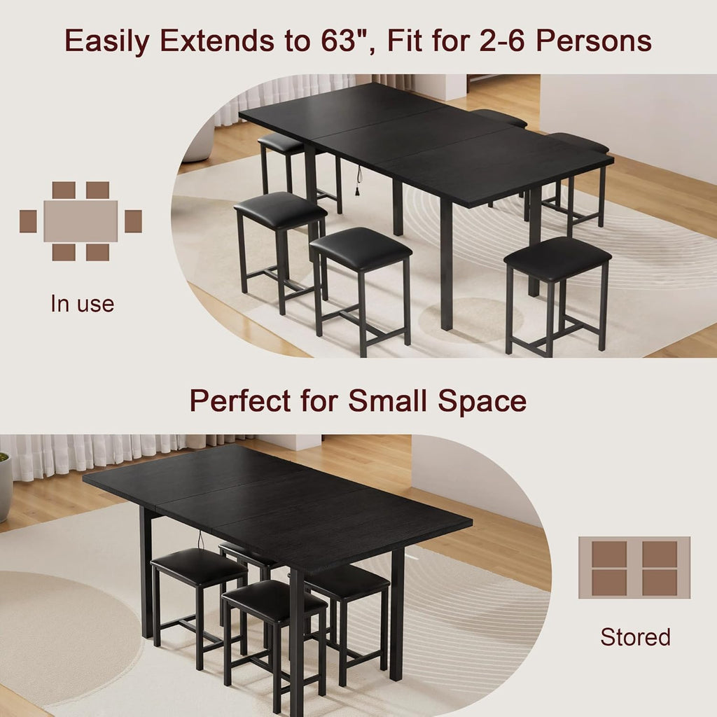 VECELO 7-Piece Dining Table Set with 6 Square PU Stools, 63" Expandable Kitchen Table with USB Charging and Metal Frame, Modern Wooden Dining Table for 2-6, Space-Saving, Easy Assembly, Black
