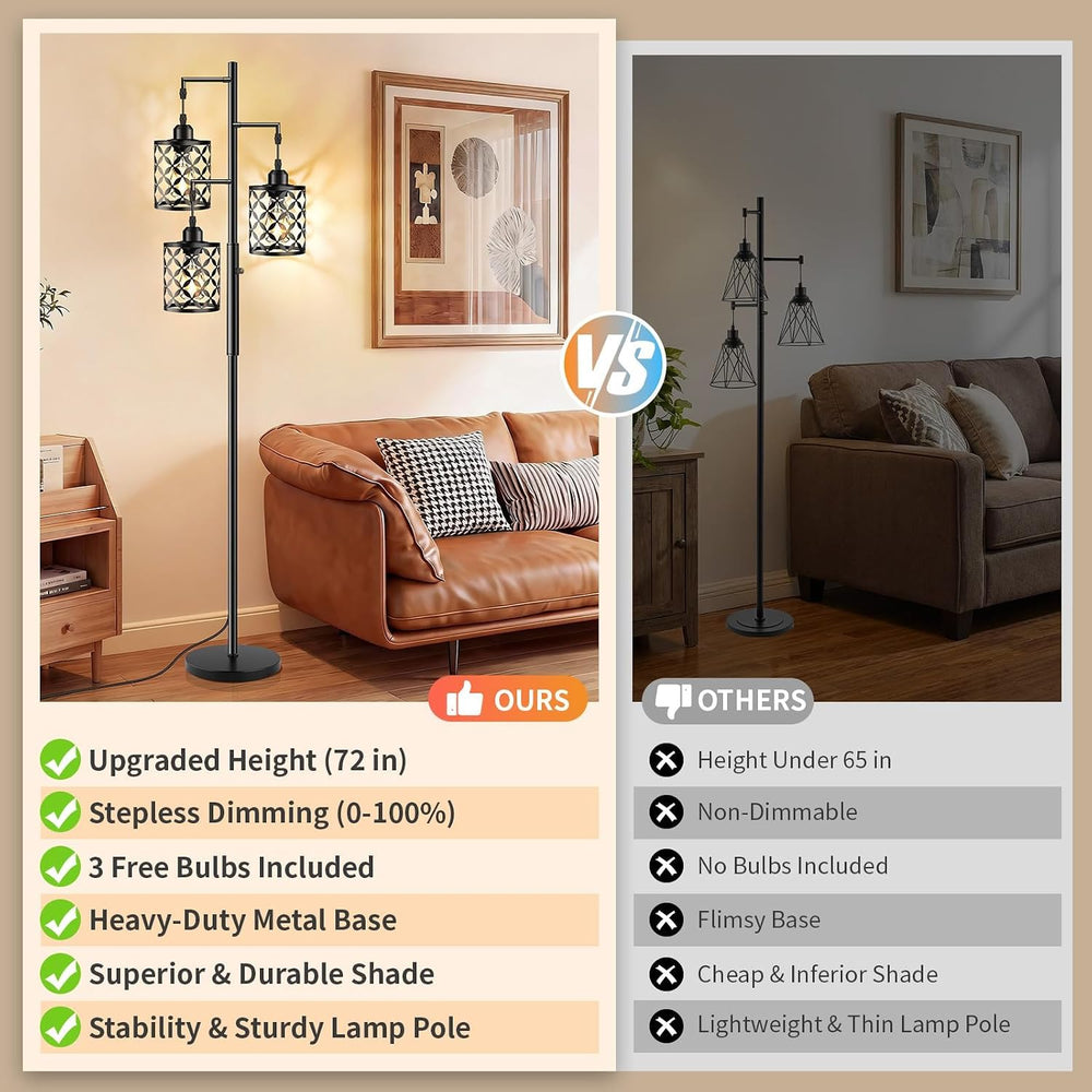 72" Industrial Tree Floor Lamp, Dimmable Farmhouse Tall Standing Lamp wi...