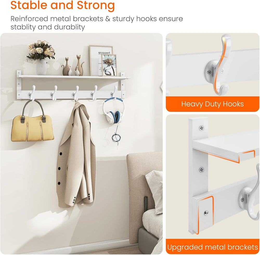 Homode Coat Rack with Wall Shelf, 29" Wooden Hanging Coat Hanger, White