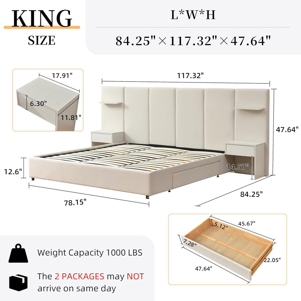 King Size Bed Frame with Storage & Built-in Nightstands & Drawers, Beige