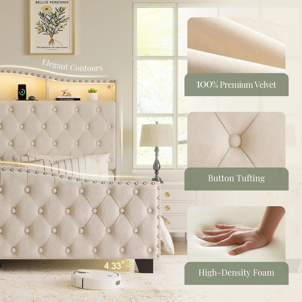 Belffin Platform Bed Frame with 50.9" LED Headboard, Queen Beige