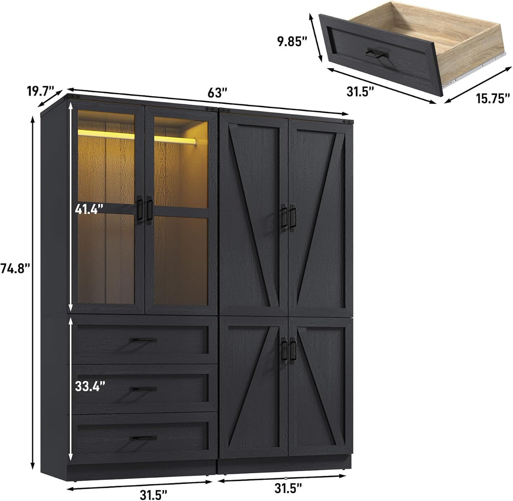75" Tall Farmhouse 4 Doors Armoire Wardrobe Closet with 3 Drawers and LE...