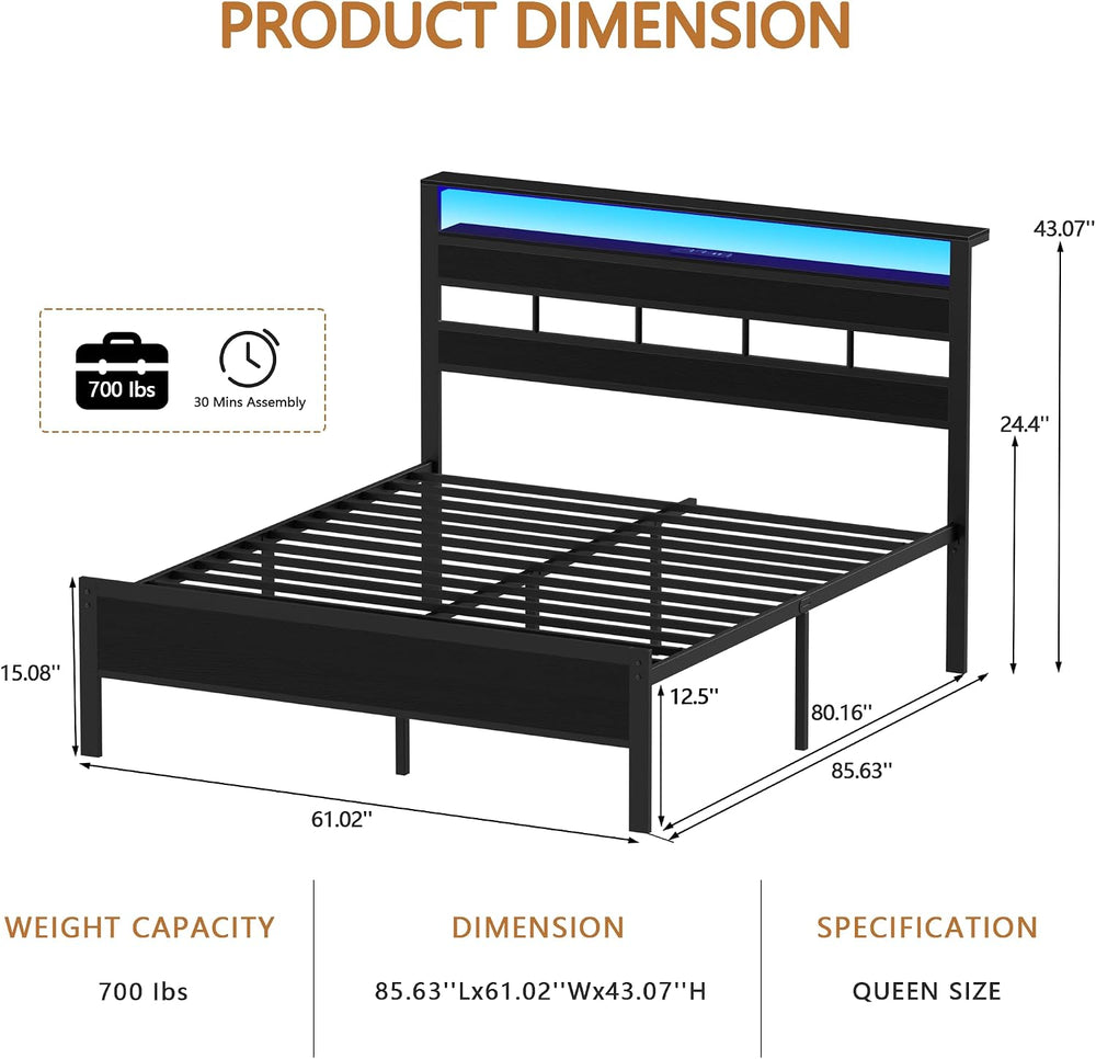 Furnulem Queen Bed Frame with Storage Headboard and LED Lights, Black Oak