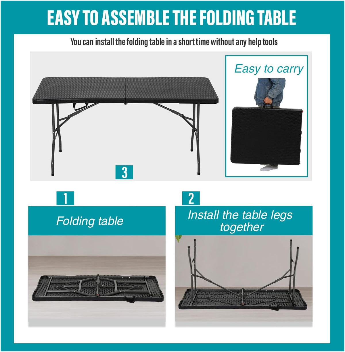 fdw | 6ft folding table | black ratten on a desk or shelf