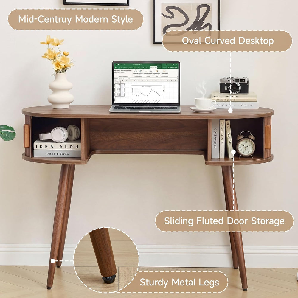 AVZEAR 43" Oval Fluted Home Office Desk, Small Writing Computer Desk,Walnut