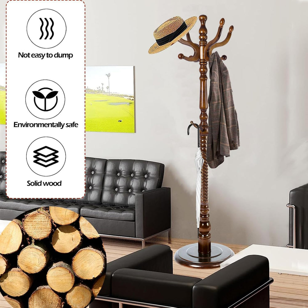 Coat Racks Free Standing with 14 Hooks, Natural Wood Coat Stands for Entryway...