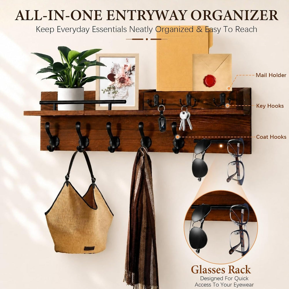 Wall Mount Wooden Coat Rack with Shelf, Entryway Key Hook Rack for Hallway