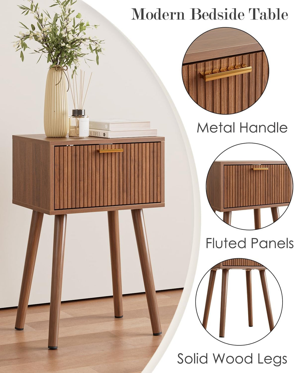 Night Stand Set 2, Modern Nightstand with Fluted Doors, Walnut