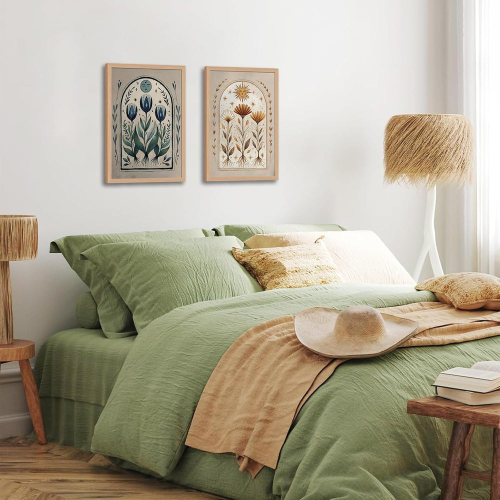 skysoon Boho Moon and Sun Wall Art Set of 2, Floral Botanical Prints