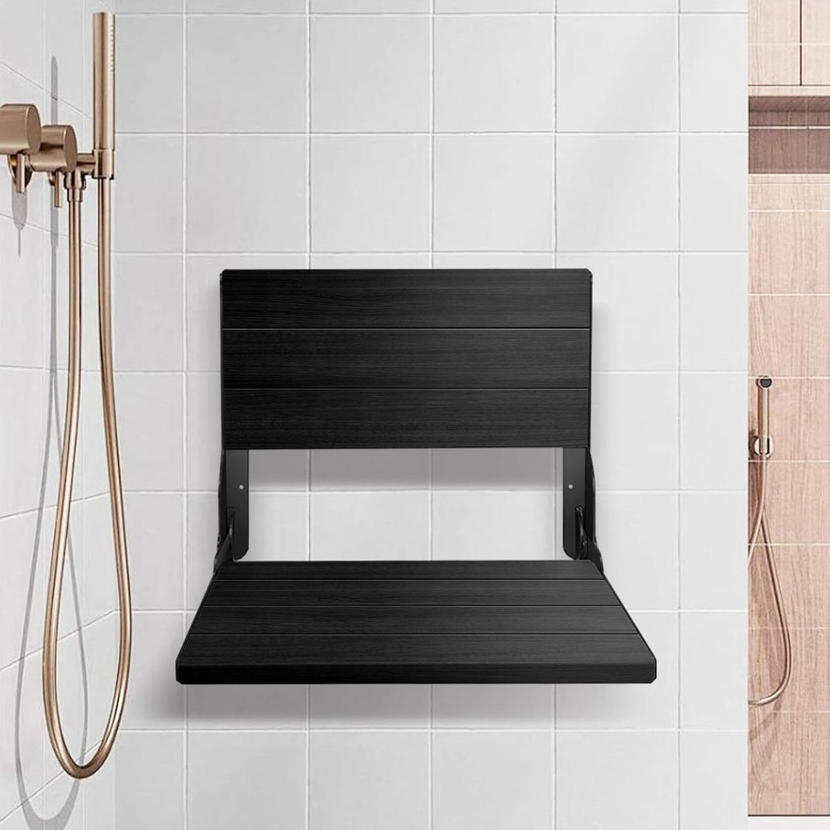 Teak Shower Bench, Folding Shower Chair Wall Mounted, Wood Folding Shower Seat, Teak Shower Bench for Inside Shower, 20 Inch Wide, 500 lbs Capacity (All Black, 20'' W x 16'' D x 20'' H)