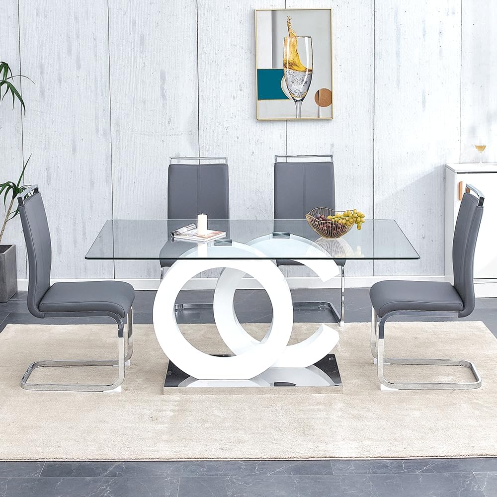 63'' modern glass dining table set for 4, close-up detail