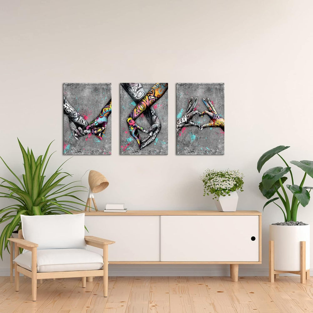 Canvas Set of 3 Street Art Gesture Heart Graffiti Art Canvas Oil Painting Lov...