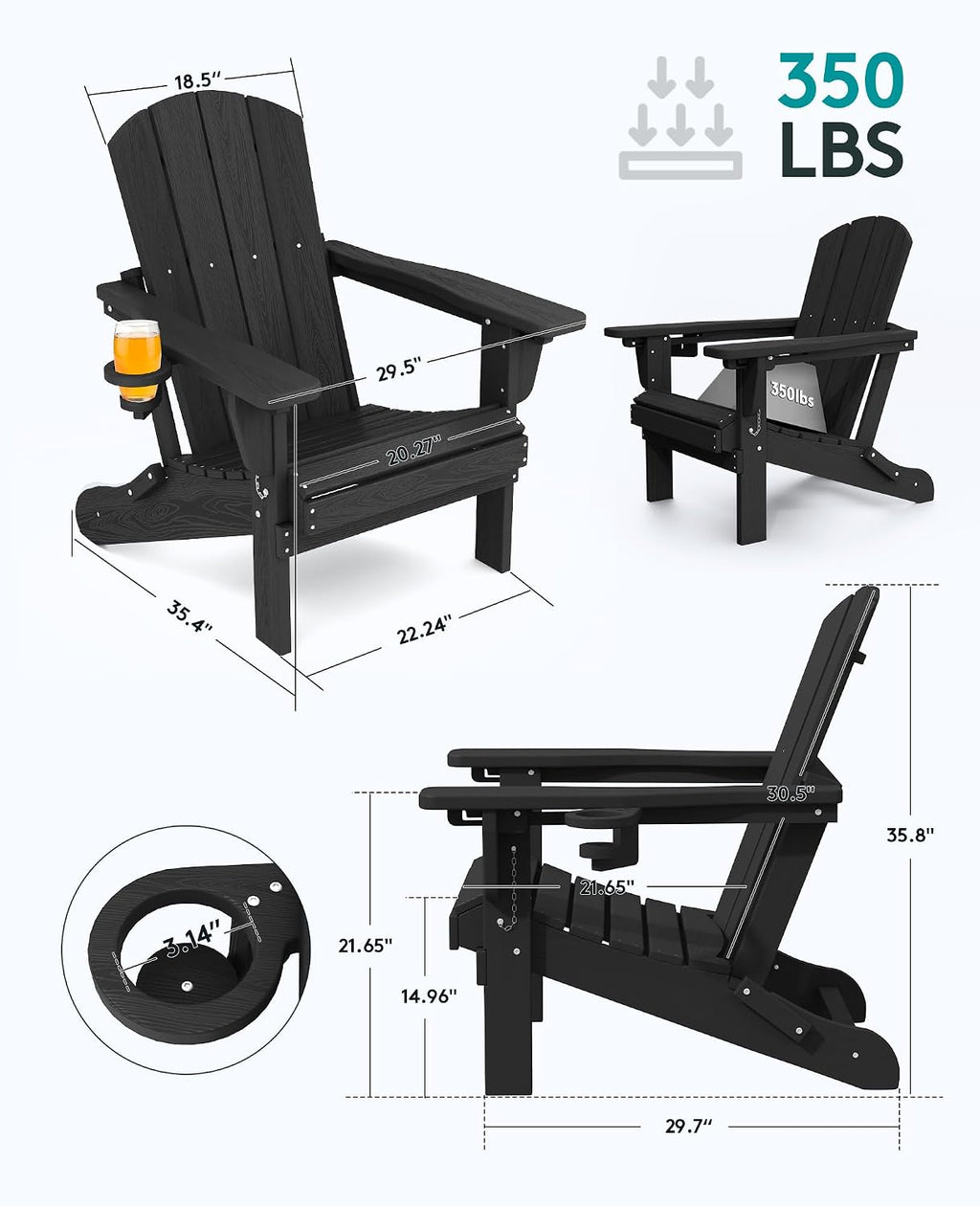 SERWALL 5-Piece HDPE Adirondack Chair and Ottoman and Table Set, Black