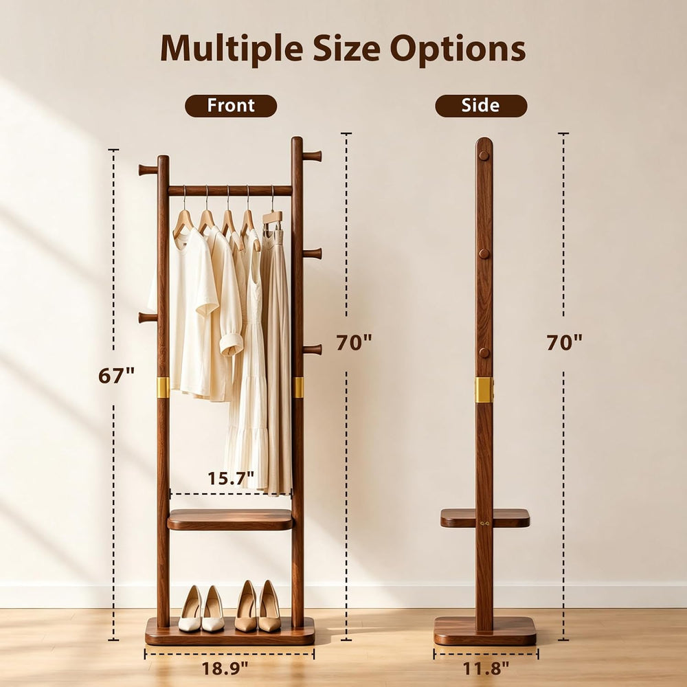 Taitiy Solid Wood Coat Rack, Freestanding Clothing Rack with 2 Shelves Storag...