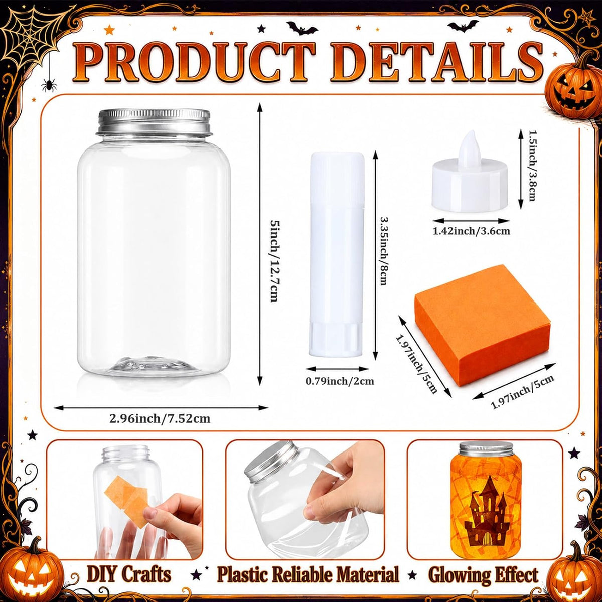 Qinyoung 12 Pcs Halloween Crafts Haunted House Mason Jars with LED Light
