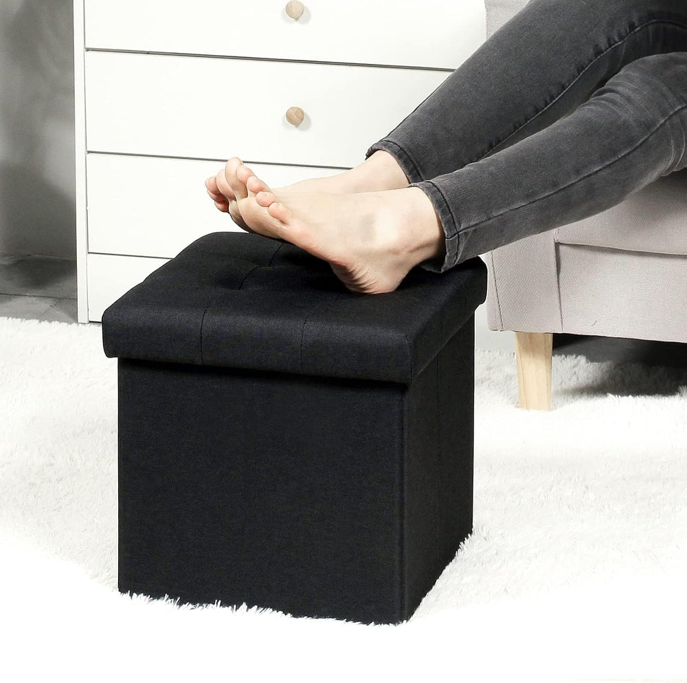 B FSOBEIIALEO 12.6" Folding Storage Ottoman Foot Rest, Linen Black, 2 Pack