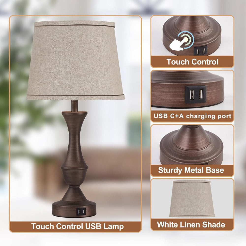 Luvkczc Touch Table Lamps Set of 2, 22" Tall Bedside Lamps with USB C+A ...