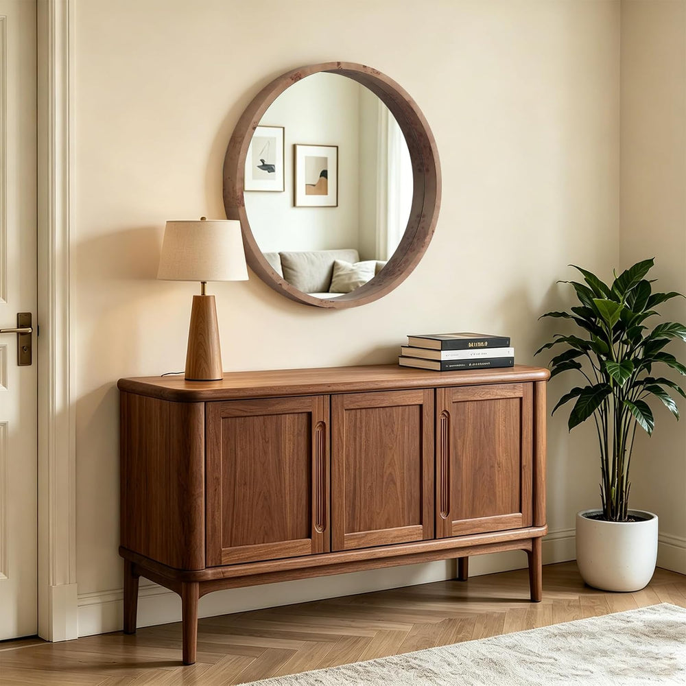 WallBeyond 24 Inch Round Wood Mirror, Burlwood Grain Wood Frame Circle Mirror...