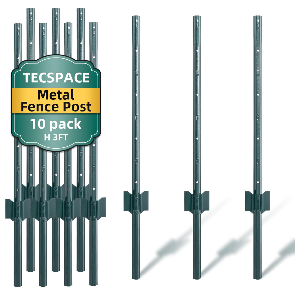 TECSPACE Metal Fence Post, 3 ft Heavy Duty U-Post with Anchor Plate and Adjus...