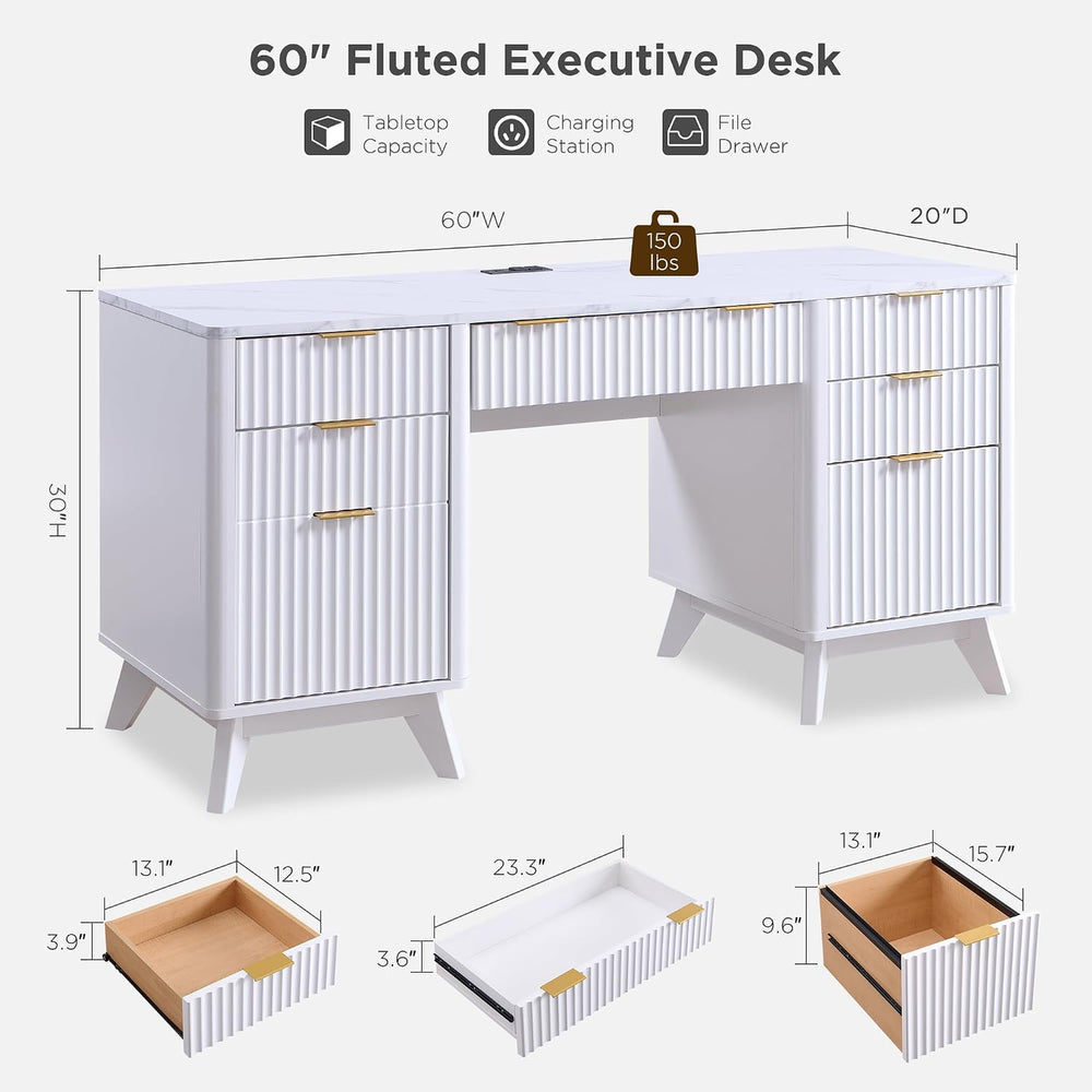 T4TREAM 60" Modern Fluted Executive Desk with Drawers, White