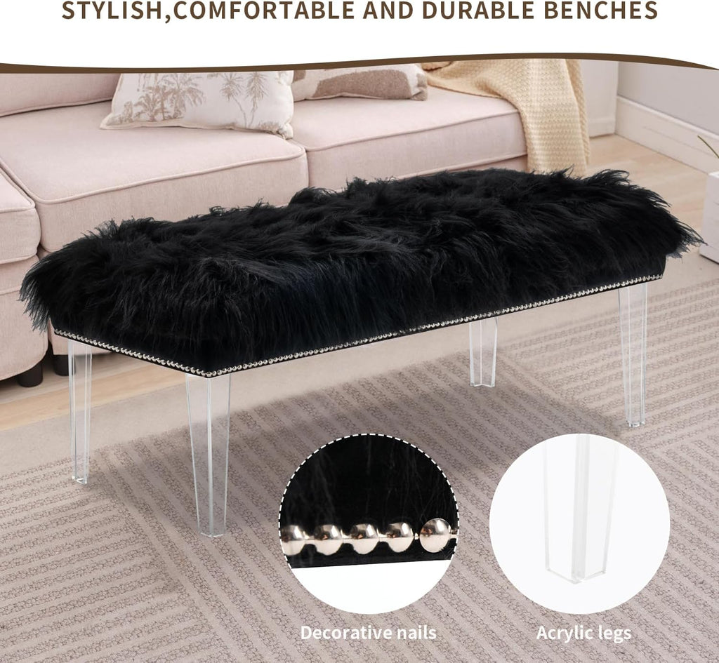 Modern Black Faux Fur Ottoman Bench - Upholstered Furry Bench with Acrylic Legs for Bedroom, Living Room, Entryway, Vanity or Bed End