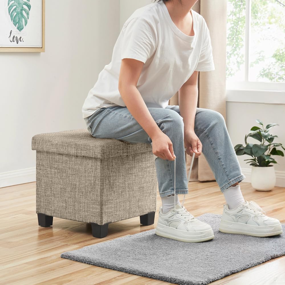 Ornavo Home 15" Square Folding Storage Ottoman Cube with Legs, Taupe
