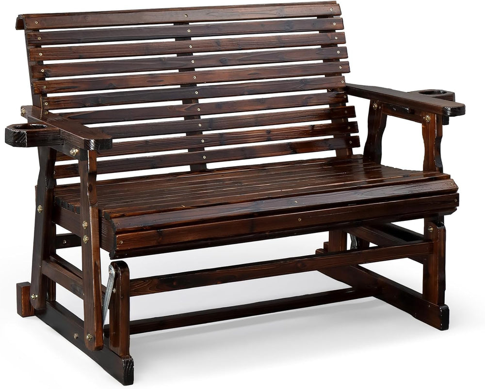 VINGLI Outdoor Glider Wood Patio Chair with Cup Holders, Outdoor Bench Glider...