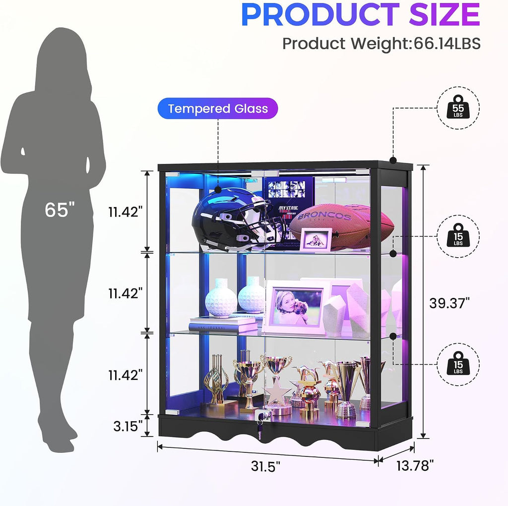 Dystler 39" Display Cabinet with Glass Doors, RGB Lights, Lock & 3-Tier