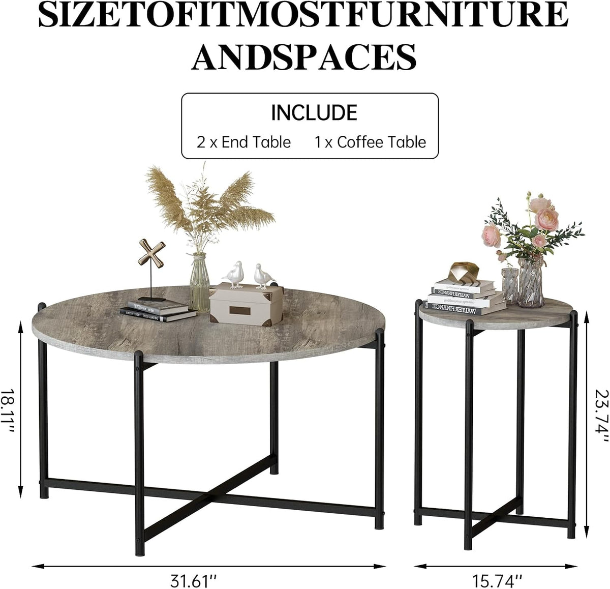 DKLGG Round Coffee Table Set of 3, Farmhouse Wooden Coffee Table and 2 End Table Sets, 3-Piece Grey Living Room Table Set